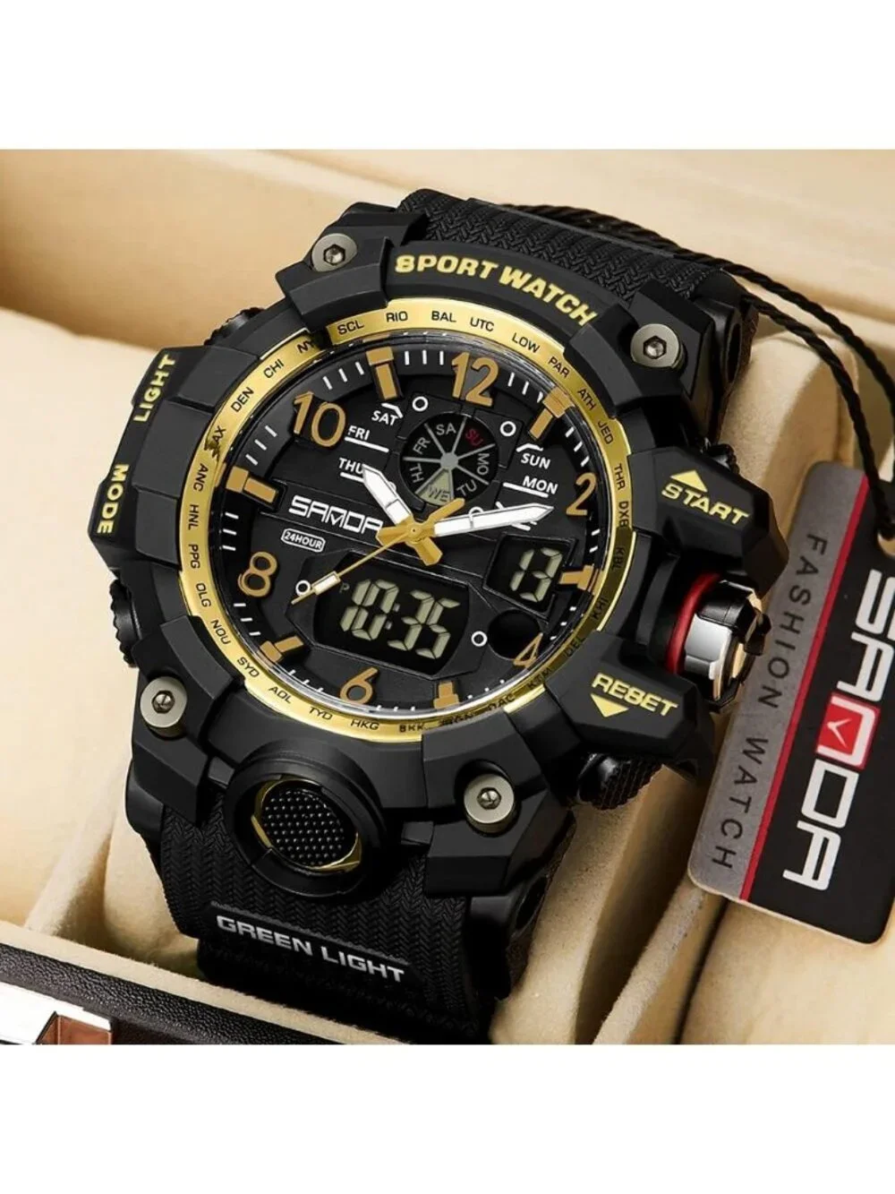 Men's Black Gold Analog Quartz Waterproof Multi Function Tactics Digital Watch